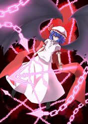  bad_id bad_pixiv_id bat_wings blue_hair chains doseisan_(dosei-san) female glowing hat highres miserable_fate red_eyes remilia_scarlet short_hair solo touhou wings 