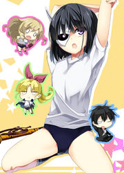  1boy 3girls :&gt; belt black_hair blonde_hair bow braid buruma busou_shoujo_machiavellism butterfly_sitting chibi commentary_request hairbow hanasaka_warabi jacket kanzaki_karuna kikakujou_mary long_hair mask multiple_girls nomura_fudou official_art one_eye_closed onigawara_rin open_mouth outline photoshop_(medium) purple_eyes seiza sheath short_hair sitting star_(symbol) stretching sword track_jacket weapon 