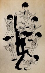  6+boys :&lt; bad_id bad_twitter_id black_hair black_jack_(character) black_jack_(series) brothers crossover formal half-closed_eyes hands_in_pockets heart heart_in_mouth long_sideburns loose_socks male_focus matsuno_choromatsu matsuno_ichimatsu matsuno_jyushimatsu matsuno_karamatsu matsuno_osomatsu matsuno_todomatsu messy_hair monochrome multicolored_hair multiple_boys osomatsu-kun osomatsu-san osomatsu_(series) parody pose reading retro_artstyle running scar sextuplets sheeeh! siblings sideburns smile socks standing standing_on_one_leg style_parody suit sunglasses tezuka_osamu_(style) tsunogai twitter_username two-tone_hair 