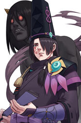  2boys abe_no_seimei_(onmyoji) armor beads bei_ju_luoxuan_wan black_hair black_skin brown_eyes character_request clenched_teeth closed_mouth colored_skin commentary_request cosplay cosplay_request facial_mark folded_fan folding_fan gintama glowing glowing_eyes hair_between_eyes hair_over_shoulder hand_fan hat highres holding horns japanese_armor japanese_clothes kote kuro_seimei_(onmyoji) layered_sleeves lips long_hair long_sleeves looking_at_viewer low-tied_long_hair magatama male_focus multiple_boys one_eye_covered oni onmyoji photoshop_(medium) ribbon-trimmed_sleeves ribbon_trim sash sharp_teeth shirino_douman short_over_long_sleeves short_sleeves single_horn smoke tassel tate_eboshi teeth tessen topless_male turtleneck upper_body war_fan white_background wide_sleeves 