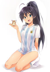  2018_fifa_world_cup :d animal antenna_hair argentina argentinian_flag argentinian_flag_print arm_behind_back asociacion_de_futbol_argentina black_hair blue_eyes blue_shirt breasts collarbone commentary_request female flag_print ganaha_hibiki hair_between_eyes hamster hamuzou hand_up highres idolmaster idolmaster_(classic) kaiga kneeling long_hair looking_at_viewer medium_breasts no_pants oerba_yun_fang open_mouth photoshop_(medium) ponytail russian_flag shadow shirt simple_background smile soccer soccer_uniform socks solo sportswear striped_clothes striped_shirt vertical-striped_clothes vertical-striped_shirt very_long_hair white_shirt white_socks world_cup 