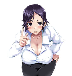  black_eyes black_hair black_skirt blush breasts cleavage collarbone commentary_request cowboy_shot dress_shirt female gal_gun_(series) gal_gun_double_peace gengoroh hand_on_own_hip hanging_breasts kuribayashi_reina large_breasts leaning_forward long_sleeves looking_at_viewer office_lady parted_lips pencil_skirt shirt short_hair skirt solo white_shirt 