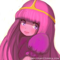  adventure_time bad_deviantart_id bad_id blunt_bangs closed_mouth colored_skin eyelashes female jaimito lips long_hair pink_hair pink_skin princess_bonnibel_bubblegum puffy_short_sleeves puffy_sleeves purple_eyes short_sleeves smile solo straight_hair tiara upper_body very_long_hair watermark web_address white_background 