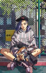  against_fence animal animal_on_lap baseball_cap chain-link_fence commentary cpieng earrings english_commentary fashion feline female fence hair_over_one_eye hat headpat highres indian_style japan jewelry long_hair nail_polish on_lap original oversized_clothes pink_eyes platform_footwear purple_hair sitting socks solo sportswear streetwear striped vertical_stripes 