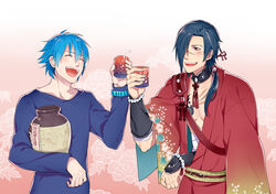  2boys alternate_hair_length alternate_hairstyle bad_id bad_pixiv_id blue_hair choker dramatical_murder drink glass japanese_clothes kimono koujaku laughing long_hair male_focus multiple_boys ponytail scar sen_nai seragaki_aoba short_hair smile tattoo 