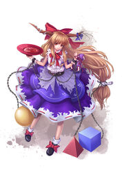  alcohol ball_and_chain_restraint bow chains commentary_request cube cup etidekailo female gourd hairbow horn_ornament horn_ribbon horns ibuki_suika light_brown_hair long_hair low-tied_long_hair photoshop_(medium) pyramid_(geometry) red_eyes ribbon sakazuki sake skirt sleeveless solo touhou very_long_hair 