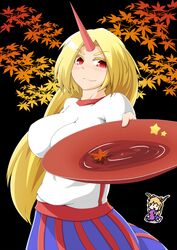  bad_id bad_pixiv_id blonde_hair breasts chibi chibi_inset cup doseisan_(dosei-san) female gourd horns hoshiguma_yuugi ibuki_suika long_hair red_eyes sakazuki single_horn smile solo touhou 