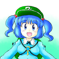  backpack bag blue_eyes blue_hair female hair_bobbles hair_ornament hat kawashiro_nitori key looking_at_viewer nitamago open_mouth smile solo touhou twintails 