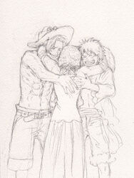  2boys brothers chikama_(minka) east_blue female graphite_(medium) makino_(one_piece) monkey_d_luffy multiple_boys one_piece outline pencil_(medium) portgas_d_ace siblings traditional_media 