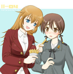  2girls ariga_nao badge blush charlotte_e._yeager commentary_request food french_fries gertrud_barkhorn multiple_girls open_mouth smile strike_witches uniform world_witches_series 