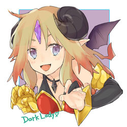  :d ahoge armlet bare_shoulders bat_wings biscuit_x blonde_hair blue_eyes blush bracer character_name collarbone commentary_request demon_girl demon_horns female forehead_jewel gauntlets heart horns leaning leaning_forward looking_at_viewer lowres multicolored_eyes open_mouth pointy_ears purple_eyes puzzle_&amp;_dragons smile solo wicked_lady_(p&amp;d) wings 