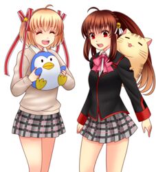  2girls aibi12634761 bad_id bad_pixiv_id bird blonde_hair brown_hair closed_eyes doruji feline kamikita_komari little_busters! little_busters!_school_uniform long_hair multiple_girls natsume_rin penguin ponytail red_eyes school_uniform short_hair standing twintails 