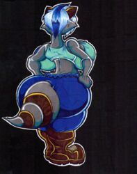  anthro ass back_boob big_breasts big_butt blue_hair breasts female hair huge_butt hyper mammal procyonid raccoon solo thick_thighs traditional_media_(artwork) virus-20 wide_hips 