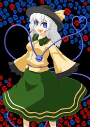  bad_id bad_pixiv_id blue_eyes blue_flower blue_rose doseisan_(dosei-san) female flower grey_hair hat heart heart_in_mouth heart_of_string highres komeiji_koishi red_flower red_rose rose solo third_eye touhou 