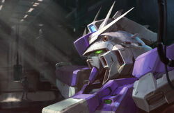  1boy bad_id bad_pixiv_id cable char&#039;s_counterattack char&#039;s_counterattack_-_beltorchika&#039;s_children green_eyes gundam hangar hi-nu_gundam highres linger_ftc mecha morning photoshop_(medium) robot shadow standing sunlight 