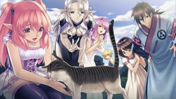  1boy 5girls :d agarest_senki_(series) agarest_senki_2 age_difference bare_shoulders bent_over black_dress blonde_hair blush breasts brown_eyes brown_hair character_request cleavage cleavage_cutout clothing_cutout cloud covered_navel cross-laced_clothes day downblouse dress duke_(agarest_senki) elf feline fins fiona_(agarest_senki) game_cg grey_eyes hair_between_eyes hairband hand_on_own_thigh hands_on_own_hips happy head_fins headpat hirano_katsuyuki holding_another&#039;s_arm kneeling large_breasts leaning_forward lolicon long_hair long_pointy_ears long_sleeves looking_down low_ponytail miniskirt multiple_girls open_mouth outdoors outstretched_hand pale_skin petticoat petting pink_hair pleated_skirt pointy_ears ponytail purple_eyes purple_hair purple_legwear robe serafina_(agarest_senki) shaldie_(agarest_senki) side_slit sidelocks skirt sky small_breasts smile standing swept_bangs thighhighs tree twintails wavy_hair white_dress white_hair zettai_ryouiki 