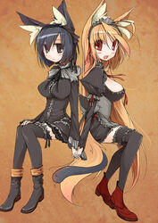  2girls animal_ears bad_id bad_pixiv_id black_eyes black_hair black_legwear blonde_hair blush boots breasts cat_ears cat_tail endou_chihiro fox_ears fox_tail headdress highres holding_hands interlocked_fingers large_breasts long_hair multiple_girls nana_(endou_chihiro) open_mouth original red_eyes short_hair sitting smile tail thighhighs 