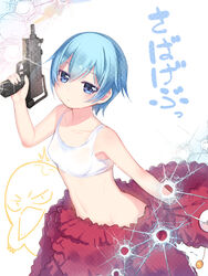  blue_eyes blue_hair blush breasts bullet_hole copyright_name female goutokuji_kayo gun kamo_(sabagebu!) kashiwamochi_yomogi looking_at_viewer mac-10/11 navel photoshop_(medium) sabagebu! short_hair small_breasts solo sports_bra submachine_gun trigger_discipline weapon 