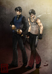  2boys black_hair blood brothers bruise cigarette dante dante_(dmc:_devil_may_cry) devil_may_cry dmc:_devil_may_cry dress_shirt dual_wield dual_wielding ebony_&amp;_ivory fingerless_gloves gloves gun injury jewelry katana male male_focus multicolored_hair multiple_boys necklace necktie red_eyes shirt short_hair siblings smoking sword tank_top tanktop tie two-tone_hair two_toned_hair vergil vergil_(dmc:_devil_may_cry) vest weapon white_hair yamato_(sword) 