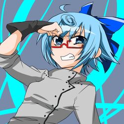  ahoge blue_eyes blue_hair bow bridal_gauntlets cirno cosplay curly_hair female fingerless_gloves ghiaccio ghiaccio_(cosplay) glasses gloves grin hairbow jojo_no_kimyou_na_bouken parody power_connection red-framed_glasses semi-rimless_glasses senmitu3/1000 senmitu3_(1000) short_hair smile solo standing touhou 