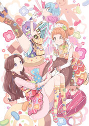  3girls :3 aikatsu! aikatsu!_(series) animal_ears asymmetrical_legwear bad_id bad_pixiv_id blue_hair blunt_bangs blush boots bow bracelet braid brown_eyes brown_hair cake candy candy_cane chiri_(ch!) chocolate closed_mouth cookie crescent crescent_earrings cupcake curly_hair dojima_nina door doughnut dress earrings eating fake_animal_ears finger_to_mouth floral_print flower flower_earrings food food-themed_clothes food_in_mouth fujiwara_miyabi_(aikatsu!) gingerbread_man gloves gradient_hair hair_flower hair_ornament hairband half_updo holding in_food jelly_bean jewelry kerchief kneehighs kneeling kurisu_kokone lace-trimmed_collar lace_trim long_hair looking_at_another mary_janes mouth_hold multicolored_hair multiple_girls orange_hair oversized_object overskirt parted_bangs pastry pink_hair plaid plaid_bow plaid_footwear plaid_ribbon polka_dot polka_dot_bow polka_dot_ribbon polka_dot_shorts print_dress print_gloves print_shirt print_shorts print_skirt print_socks profile purple_eyes ribbon ring shirt shoes short_sleeves shorts skirt sleeveless sleeveless_dress sleeves_past_elbows sleeves_rolled_up socks star_(symbol) striped_clothes striped_shirt swiss_roll thigh_strap thighhighs uneven_legwear vertical-striped_clothes vertical-striped_shirt white_gloves yellow_legwear yellow_socks 