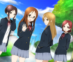  4girls aged_down black_hair blazer blonde_hair brown_eyes brown_hair commentary_request death_devil della_(k-on!) extra glasses hand_in_pocket jacket jane_(k-on!) k-on! kakiuchi_itsuki kawaguchi_norimi long_hair looking_back multiple_girls red_hair sakuragaoka_high_school_uniform school_uniform short_hair skirt teenage waving yamanaka_sawako 