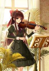  ahoge blunt_bangs bow bow_(music) brown_hair commentary_request dress female green_eyes hairbow half_updo indoors instrument juliet_sleeves long_hair long_sleeves looking_at_viewer music_stand original photoshop_(medium) plant puffy_sleeves sheet_music solo srb7606 standing very_long_hair violin window 