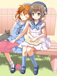  2girls alternate_costume bench book brown_eyes brown_hair casual closed_eyes commentary_request dress feline folded_ponytail hat highres ikazuchi_(kancolle) inazuma_(kancolle) kantai_collection knitting kumao_mofumofu leaning_on_person leaning_to_the_side mary_janes multiple_girls park_bench sailor_dress shoes short_hair side-by-side sitting sleeping sleeping_on_person sleeping_upright smile 