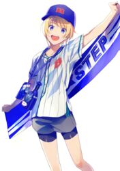  1boy :d androgynous baseball_cap baseball_uniform bike_shorts bike_shorts_under_shorts blonde_hair commentary_request happy hat idolmaster idolmaster_side-m male_focus map_(map_imas) open_mouth pierre_bichelberger purple_eyes shorts smile sportswear white_background 