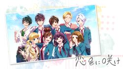  4girls 5boys \m/ aida_miou arm_on_another&#039;s_shoulder arms_behind_back ayase_koyuki black_cardigan black_hair blonde_hair blue_eyes blue_jacket blue_pants blunt_bangs brown_cardigan brown_eyes brown_hair buttoned_cuffs buttons cardigan cardigan_around_waist closed_eyes clothes_around_waist collarbone collared_shirt commentary_request cowboy_shot day enomoto_natsuki facing_viewer forehead green_hair green_shirt grin group_picture hair_between_eyes hair_bun hair_over_one_eye hair_over_shoulder hamanaka_midori hand_in_another&#039;s_hair hand_on_another&#039;s_arm hand_on_another&#039;s_head hand_on_another&#039;s_shoulder hand_to_own_mouth hayasaka_akari heart jacket koi-iro_ni_sake_(vocaloid) kokuhaku_jikkou_iinkai lapels long_hair looking_at_another looking_at_viewer looking_to_the_side loose_necktie low_twintails mochizuki_souta multiple_boys multiple_girls narumi_sena necktie notched_lapels official_art open_clothes open_collar open_jacket open_mouth outdoors pants photo_(object) pink_cardigan pocket purple_eyes purple_hair red_necktie school_uniform serizawa_haruki setoguchi_hina setoguchi_yuu shirt short_hair single_hair_bun smile song_name t-shirt twintails upper_body white_background white_hair white_shirt yamako_(state_of_children) 