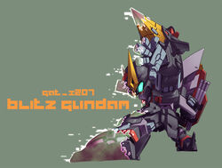  blitz_gundam chibi commentary_request gundam gundam_seed mecha no_humans outstretched_arm profile robot simple_background solo text_focus yabe_makoto 