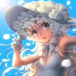  :d armpits bare_shoulders blonde_hair blue_background blue_eyes bow chin_strap commentary_request day falling feathers female flat_chest flower frilled_hat frills gloves hat highres kayu lips long_hair looking_at_viewer open_mouth original parted_lips petals rose sky smile solo upper_body wavy_hair white_flower white_hat white_rose 