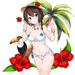  anti_(0324) bangle bikini bird black_hair blue_eyes bracelet braid breasts choker cowboy_shot earrings female flower frilled_bikini frills hair_ornament hair_over_shoulder hairclip halterneck hanasaki_(uchi_no_hime-sama) hand_up hat hat_flower hibiscus holding jewelry legs_together long_hair looking_at_viewer medium_breasts navel official_art palm_tree plumeria seashell shell shell_to_ear side-tie_bikini_bottom side_braid single_braid smile solo standing swimsuit toucan transparent_background tree uchi_no_hime-sama_ga_ichiban_kawaii walkie-talkie waving white_bikini 