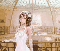  bare_shoulders brown_eyes brown_hair commentary_request dress elbow_gloves female gloves horns one-eyed oni original sasagawa_(haikaiki) scar scar_across_eye scar_on_face short_hair slit_pupils solo wedding_dress 