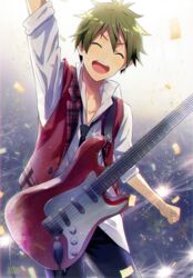  1boy akiyama_hayato black_necktie collared_shirt green_hair guitar happy idolmaster idolmaster_side-m instrument male_focus map_(map_imas) necktie shirt solo sweat 