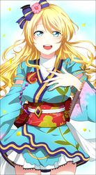  :d angelic_angel ayase_eli blonde_hair blue_eyes border commentary_request detached_sleeves female gorou_(alfe1549) hand_on_own_chest japanese_clothes kimono long_hair looking_at_viewer love_live! love_live!_school_idol_project love_live!_the_school_idol_movie open_mouth smile solo turtleneck 