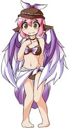  animal_ears bad_feet barefoot bikini blush brown_bikini commentary_request earrings embarrassed female full_body fun_bo hat jewelry marisa_to_alice_no_cookie_storia mob_cap mystia_lorelei navel pigeon-toed pink_hair sarong short_hair simple_background solo swimsuit touhou white_background winged_hat wings 