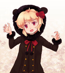  animal_pose blonde_hair blush commentary_request female hair_ribbon murani oerba_yun_fang open_mouth parka red_eyes ribbon rumia solo touhou 