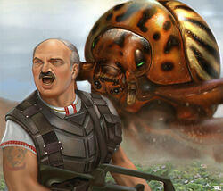  1boy alexander_lukashenko beetle bug commentary english_commentary facial_hair giant_insect gun lightrl male_focus moustache parody photoshop_(medium) potato_beetle realistic starship_troopers tattoo weapon 