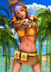  3d beach belt bikini_top blue_eyes braid braids breasts brown_hair cleavage female female final_fantasy final_fantasy_x highres hips large_breasts legs long_hair looking_at_viewer miniskirt nail_polish navel ocean palm_tree point pointing rgbabes rikku skirt smile solo standing thighs tree water wink 