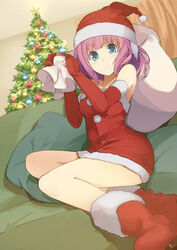  ao_no_kanata_no_four_rhythm bad_id bad_pixiv_id blue_eyes boots christmas christmas_tree dress elbow_gloves female gloves hat ichinose_rika looking_at_viewer purple_hair red_footwear red_gloves sa/tsu/ki sack santa_costume santa_hat short_hair sitting smile solo strapless strapless_dress yokozuwari 