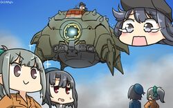  &gt;:) 3girls akatsuki_(kancolle) apsalus beret black_hair black_hat blue_eyes brown_eyes commentary crying crying_with_eyes_open dated flat_cap green_hair gundam gundam_08th_ms_team hamu_koutarou hat highres kantai_collection long_hair long_sleeves military military_uniform multiple_girls open_mouth ponytail purple_hair red_eyes remodel_(kantai_collection) short_hair smile sweatdrop takao_(kancolle) tears uniform v-shaped_eyebrows yuubari_(kancolle) 