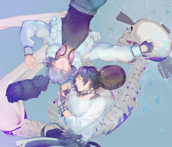  2boys belt black_hair blue_hair bracelet canine closed_eyes collar commentary_request dramatical_murder fingerless_gloves from_above gloves hat headphones headphones_around_neck highres jacket jewelry long_hair mjo multiple_boys photoshop_(medium) ren_(dramatical_murder) sei_(dramatical_murder) seragaki_aoba short_hair single_glove skeleton studded_bracelet studded_collar unworn_hat unworn_headwear 