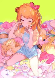  3girls aikatsu! aikatsu!_(series) aikatsu_stars! animal_ears blonde_hair blush bow braid candy clock closed_eyes commentary food hair_ribbon highres hoshimiya_ichigo kabako_(lilypicture410v) kneehighs long_hair lying multiple_girls nijino_yume one_eye_closed orange_hair ozora_akari pom_pom_(clothes) print_shirt raglan_sleeves red_eyes red_ribbon ribbon shirt short_hair short_sleeves sitting sleeping sleepy socks stuffed_toy symbol-only_commentary toy wariza wrapped_candy 