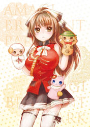  :&lt; amagi_brilliant_park breasts brown_eyes brown_hair commentary_request female hand_puppet highres kitazawa_eri large_breasts long_hair macaron_(amaburi) moffle ponytail puppet sento_isuzu tiramii 