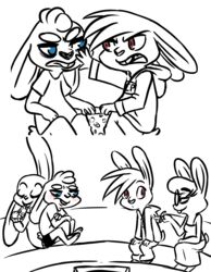  2016 alternate_species anthro blue_eyes blush buckteeth clancy_(inkyfrog) clothed clothing crossed_arms disney eating eyewear fan_character female food glasses group hoodie hugh_muskroura inkyfrog lagomorph leporid male mammal maxine_d&#039;lapin on_lap partially_colored percy_vison pizza rabbit red_eyes simple_background sitting sitting_on_lap teeth topwear white_background zootopia 