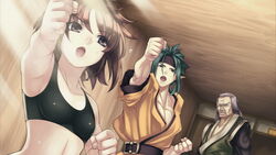  2boys agarest_senki_(series) agarest_senki_2 age_difference aqua_hair armpits belt black_sports_bra breasts brown_eyes brown_hair ceiling clenched_hands dojo elf facial_hair father_and_daughter female fighting_stance flying_sweatdrops foreshortening game_cg grey_hair headband hirano_katsuyuki ignis_(agarest_senki) indoors japanese_clothes liel_(agarest_senki) light_rays midriff milzam_(agarest_senki) moustache multiple_boys old old_man open_mouth outstretched_arm pointy_ears punching short_hair small_breasts sports_bra sunbeam sunlight sweat underwear 