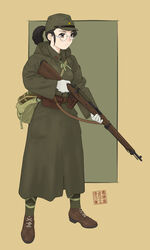  ammunition_pouch ankle_boots ankle_wrap arisaka bag belt black_hair bolt_action boots brown_eyes canteen coat commentary female glasses gloves gun hat highres imperial_japanese_army md5_mismatch military military_uniform original ponytail pouch puttee rifle satchel signature sino_(mechanized_gallery) soldier solo trench_coat uniform weapon white_gloves winter_clothes world_war_ii 