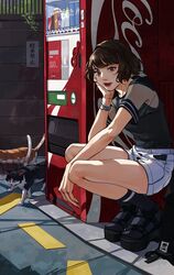  bracelet brown_hair coca-cola commentary cpieng english_commentary fashion feline female grey_eyes head_rest highres japan jewelry lipstick makeup mole mole_under_eye original platform_footwear sandals see-through shirt short_hair shorts socks solo squatting t-shirt vending_machine 