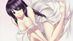  agarest_senki_(series) agarest_senki_2 bare_shoulders barefoot bed_sheet black_eyes black_hair breasts female game_cg hirano_katsuyuki large_breasts medium_breasts official_art photoshop_(medium) sitting smile soles solo vanessa_(agarest_senki) wariza 